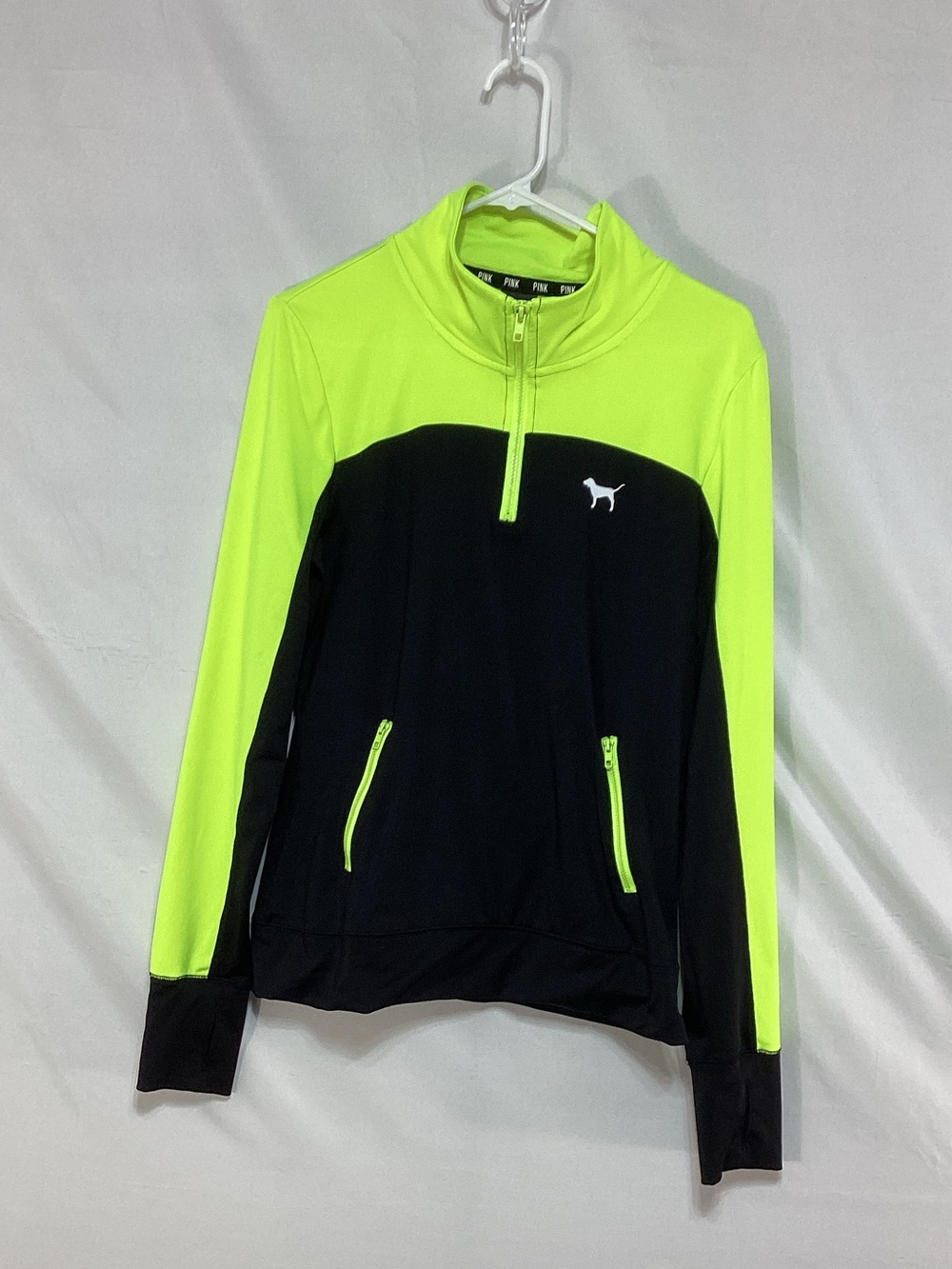 Victoria Secret PINK Medium Neon Lime and Black Half-Zip Pullover